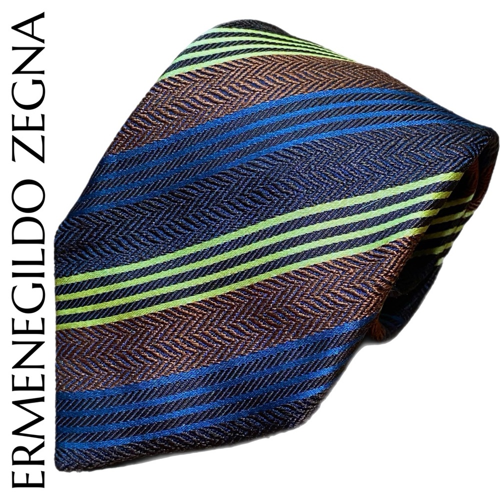 Ermenegildo Zegna Men’s Silk Necktie ITALY Luxury Striped Brown Blue Yellow Tie